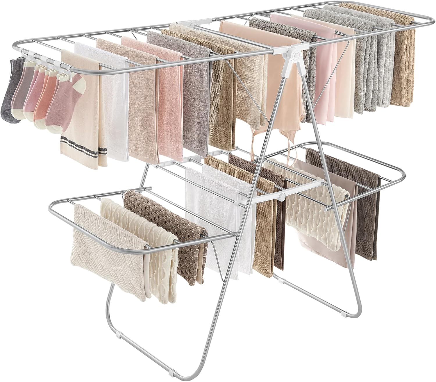 SONGMICS Clothes Drying Rack, Foldable 2-Level Laundry Drying Rack, Free-Standing Laundry Airer, with Height-Adjustable Wings, 33 Drying Rails, Sock Clips, Silver and Blue ULLR53BUV1