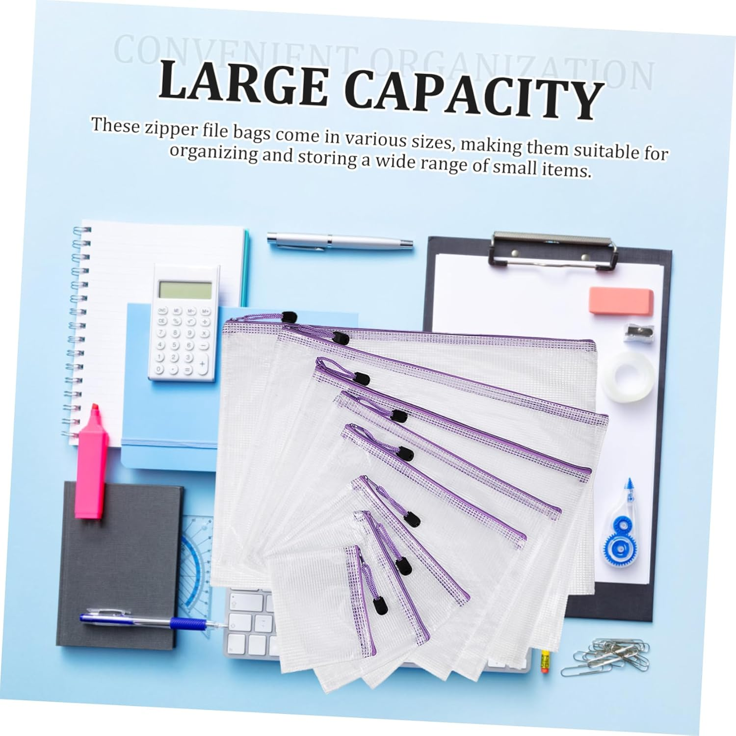 TIDTALEO 32Pcs Mesh Zipper Pouch Transparent Document Wallets with Purple Zippers and White Mesh Body Multi Organizer Bags for Stationery Travel Office Supplies Portable and Lightweight image number 5