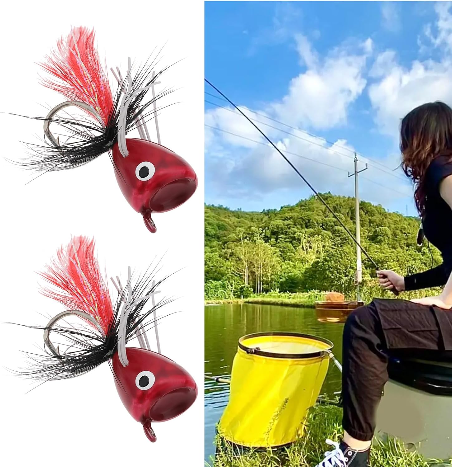 Emsea 10Pcs Fly Fishing Poppers Fly Fishing Foam Popper Flies, Size 6, White Black Red Yellow Orange - Topwater Lures for Bass, Bluegill, Trout, Panfish image number 2