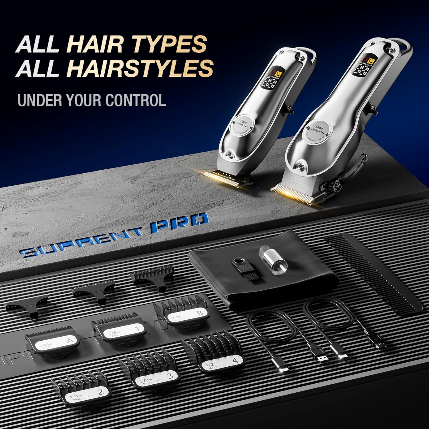 SUPRENT Professional Hair Clippers for Men, Cordless Hair Cutting Kit, Barber Clippers & Zero-Gapped Trimmer Combo with Type-C Rechargeable, Titanium Plated Ceramic Blade (Silver) image number 3