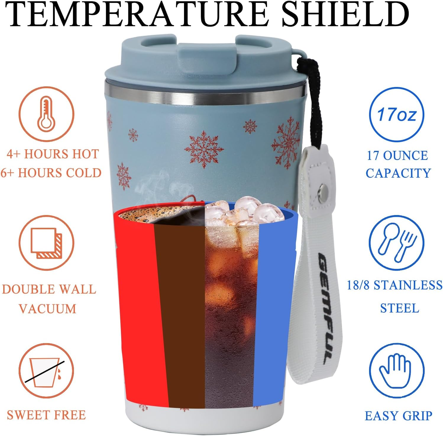 GEMFUL Christmas Coffee Tumbler Screw on Lid 510 Ml Stainless Steel Thermal for Women Friends or Coworker - 2 Pack(Blue+Red) image number 3