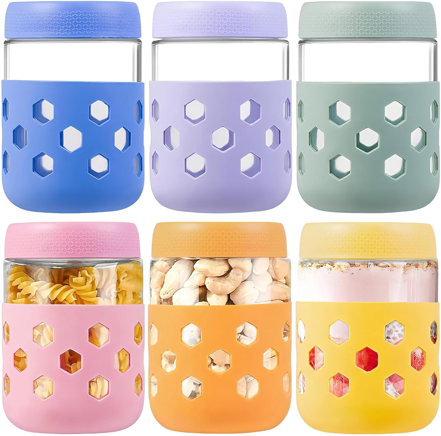 6 Pack Overnight Oats Container Jar with Lid & Silicone Sleeves, Wide Mouth Mason Jar, Airtight Bpa-Free, Dishwasher Safe, Glass Jars for Salad, Spice, Snacks, Dressing Sauce(480 ML/16 Oz) image number 5