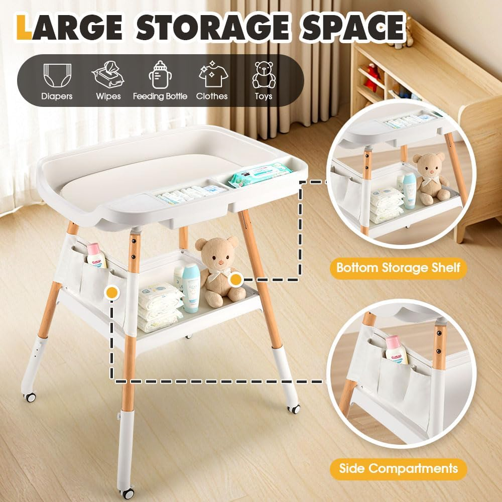 Playpals Baby Changing Table with Wheels, Adjustable Height Diaper Changing Station with Waterproof PU Pad & Storage Organizer, Beech Wood Mobile Nursery Change Table for Newborn & Infant image number 2