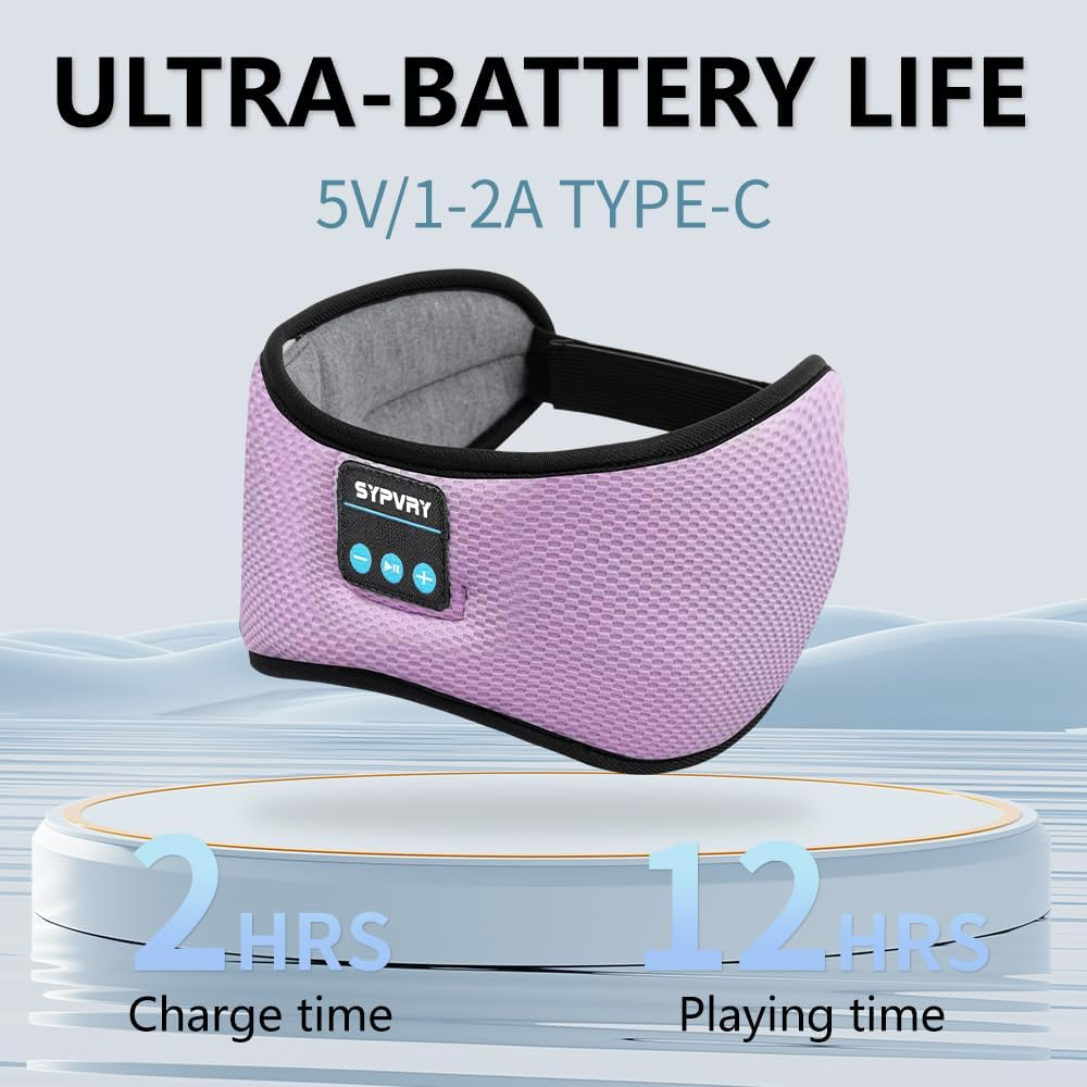 Bluetooth Headphones Headband Eye Mask Wireless Bluetooth Sleep Mask for Side Sleepers Velcro Adjustable Bluetooth 5.3 Speaker Microphones Airplane Travel Light Blocking Music Eye Cover, Purple image number 5