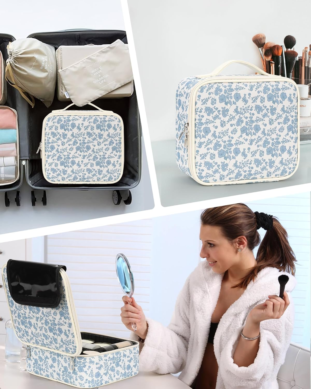 Travel Makeup Case, Professional Makeup Artist Makeup Bag, Portable Makeup Train Case Organizer with Adjustable Dividers, Cute Cosmetic Bags Birthday Gifts for Girls and Women, Floral Print image number 1