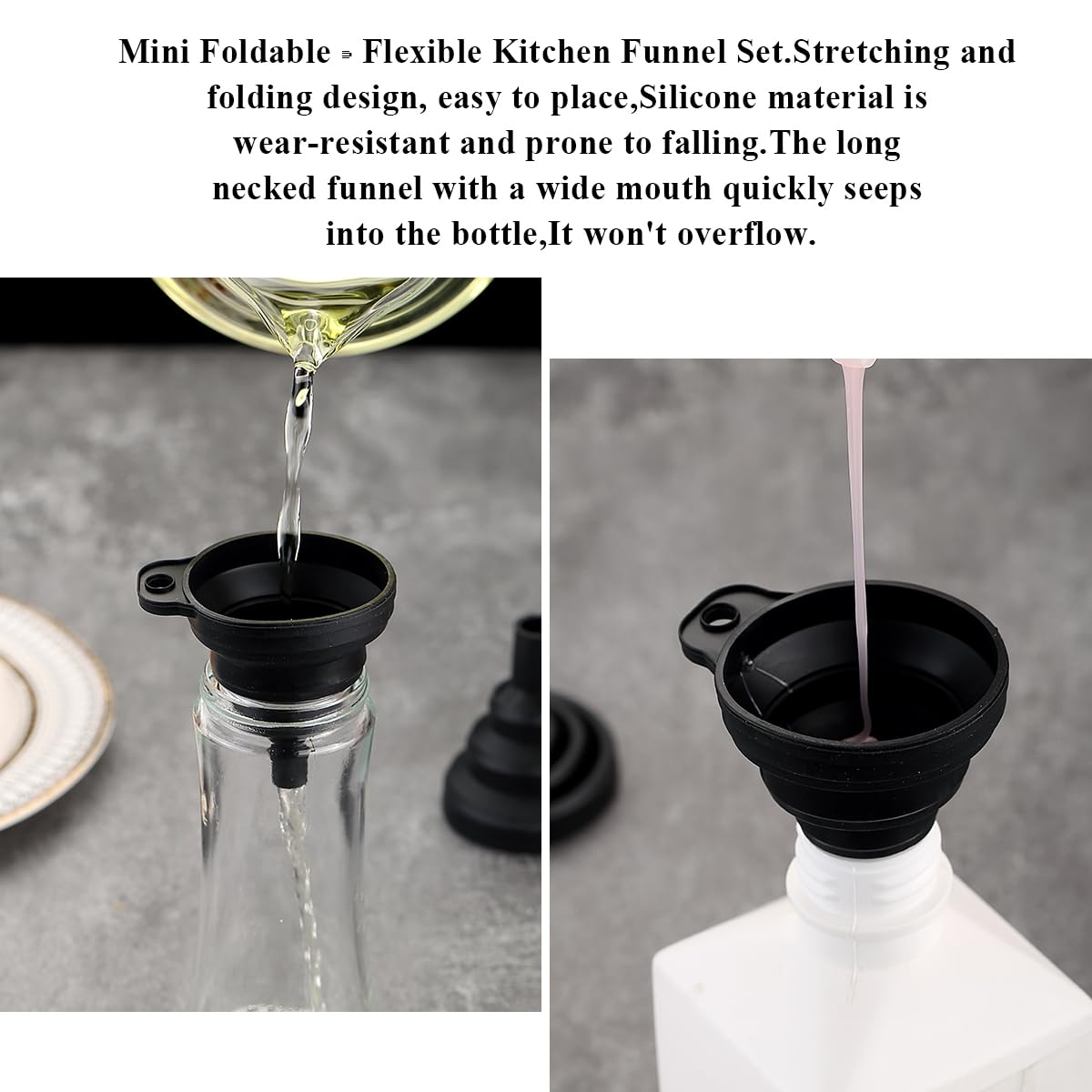 Berglander Kitchen Funnel Set of 3 Easy to Store, Silicone Collapsible Funnels for Kitchen Use, Filling Bottles, Daily Cooking, and Water or Powder Transfer（Black） - Black image number 2