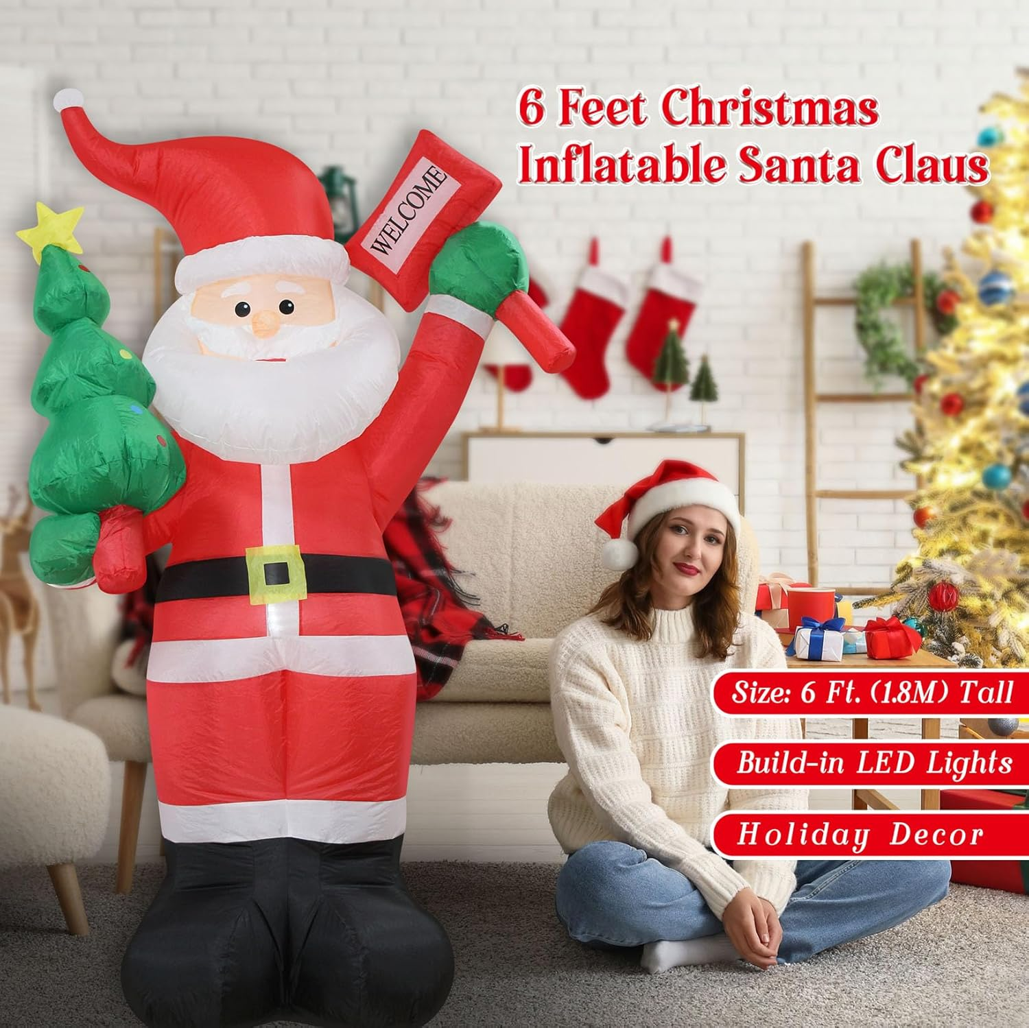 Christmas Inflatables Santa Holds Tree Welcome Lighted Yard Lawn Inflatable Decoration Holiday Party Decor, Christmas Decor Blow up Outdoor Yard Lawn Decoration (6FT- Santa Holds Tree & Welcome) image number 5