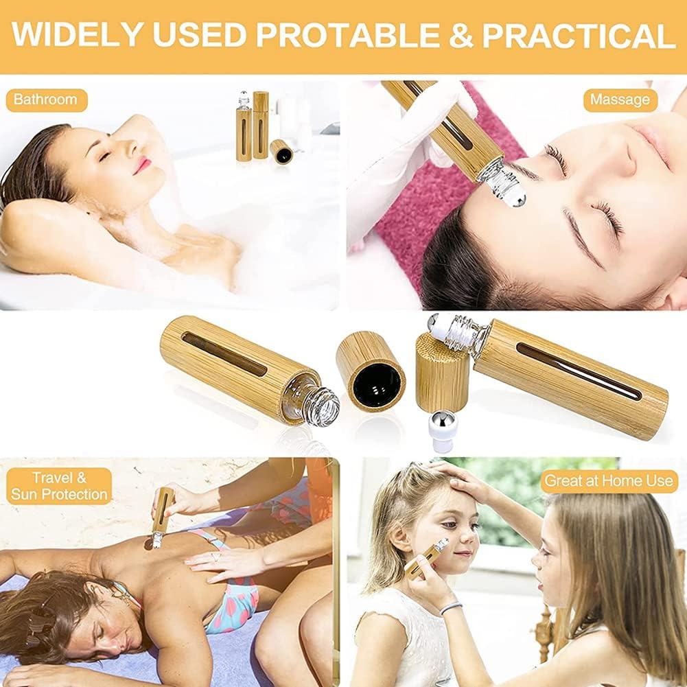 Thinslimer 4 Pack 10Ml Bamboo Roller Bottles Portable Open Window Massage Essential Bottle Oil Roller Bottles with Stainless Steel Roller Ball for Perfumes Essential Oil image number 3