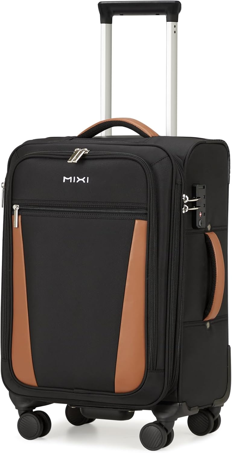 Mixi Luggage Softside Expandable Suitcase with Front Laptop Pocket, Black, 20-Inch Carry On
