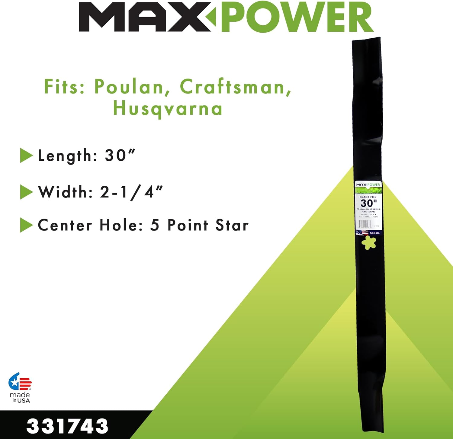 Maxpower 331743 Blade for 30 In. Cut Craftsman, Husqvarna, Poulan Mowers Replaces OEM #532419273