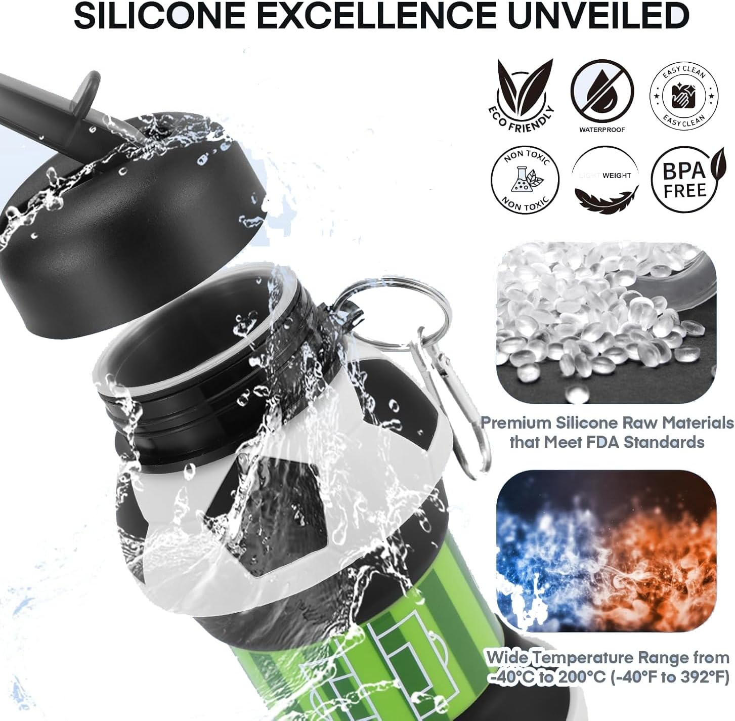 Wzenclave Sports Collapsible Water Bottle 550Ml/18.6Oz Ball Shaped Drinking Cup Foldable BPA Free Leakproof Lightweight Jug Portable Football anti Drop and Leak Proof Outdoor Sports Water Cup image number 3