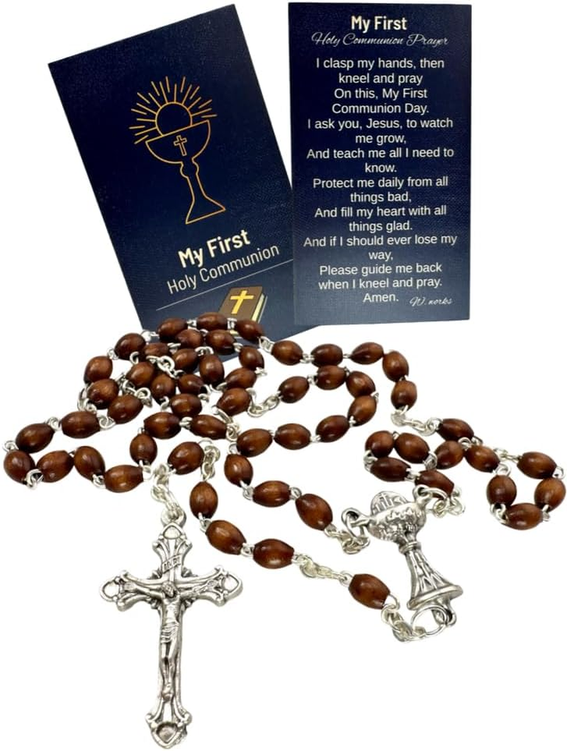 Westmon Works First Communion Rosary Gift Set Boy'S Wooden Bead Rosary with Metal Crucifix and Commemorative Holy Card, Medium, Zinc, No Gemstone image number 5