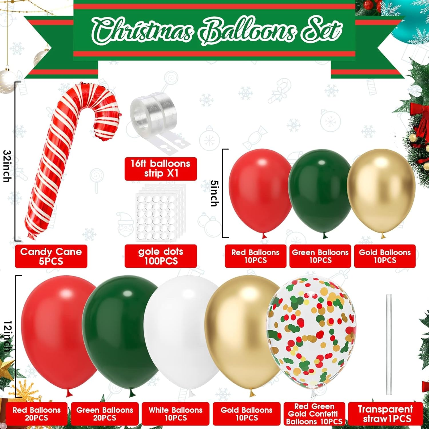 Christmas Decoration,Zanzer Christmas Balloon Garland Arch Kit - 105 Pcs Red Green Gold and White Balloons with Candy Cane Balloons for Xmas Party Decorations