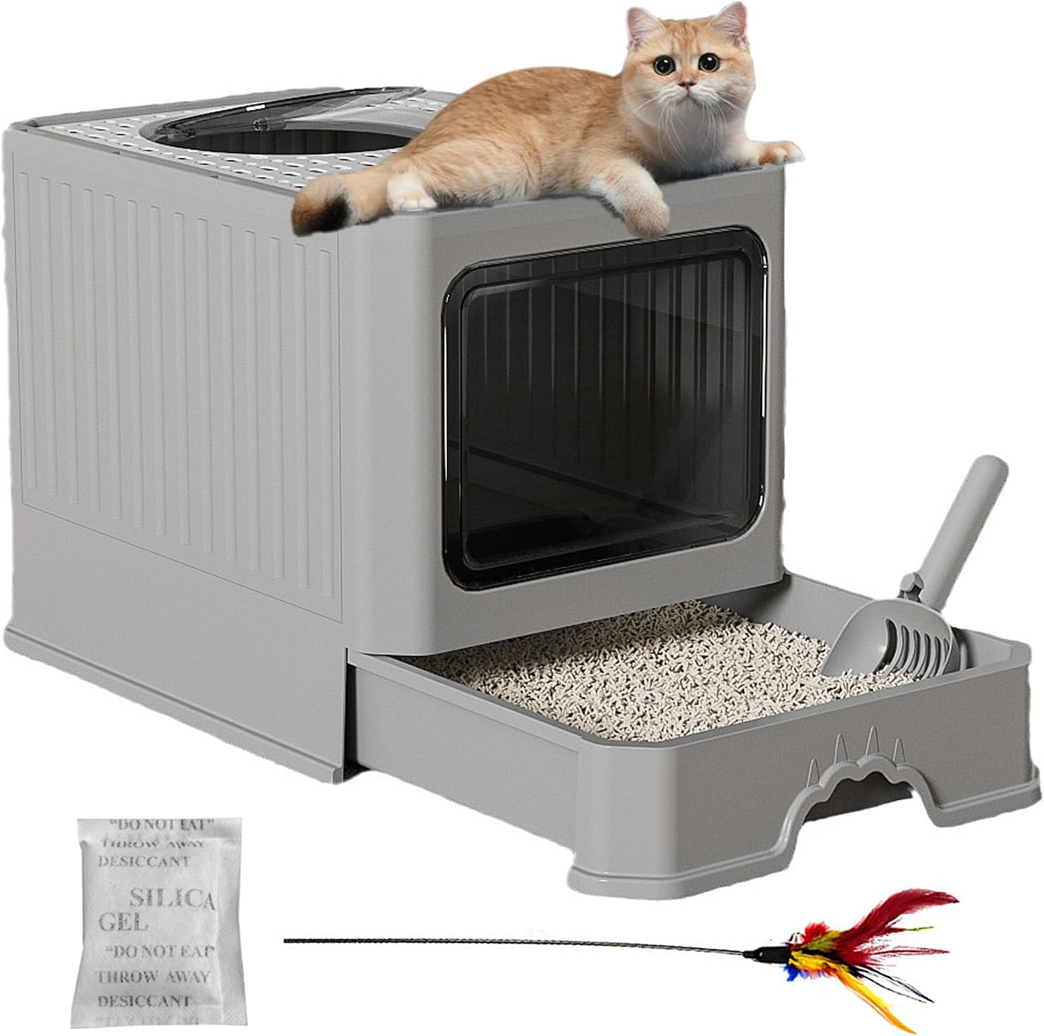 Extra Large Cat Litter Box, 50X40X40Cm Cat Litter Box Front Entry with Lid Fully Enclosed, Drawer Design and Cat Teaser for Easy Cleaning and Convenience (Grey, L) image number 6