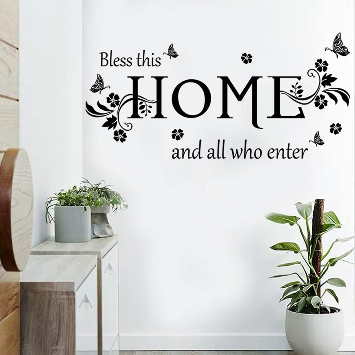 Black Vinyl Wall Sticker Wall Word Quotes Bless This Home and All Who Enter Wall Decals Flowers Butterfly Wall Decor Sticker for Entryway Living Room Home Decor. image number 6