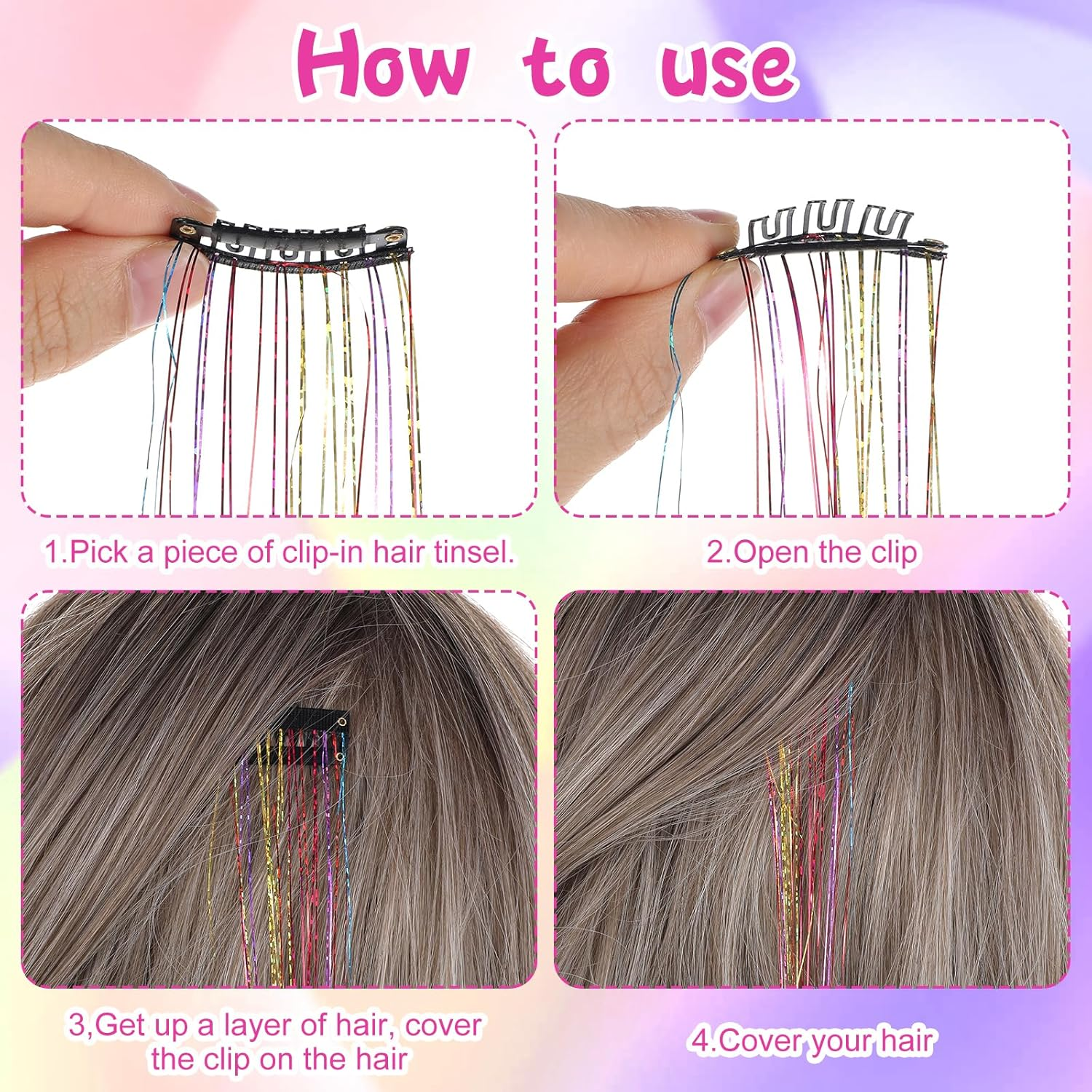 Hair Tinsel 12Pcs Tinsel Hair Extensions 20 Inch Clip in Glitter Hair Extension Colorful Hair Tinsel Hair Glitter Strands Tinsel Kit Hair Accessories for Women Girls Cosplay Halloween Party Festival image number 3