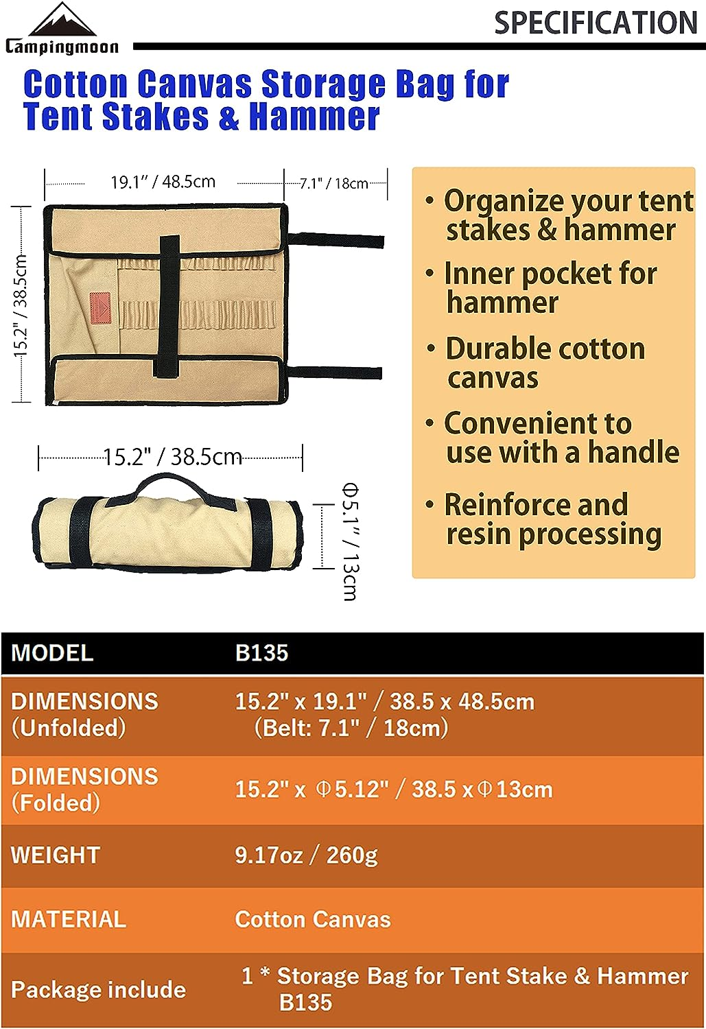CAMPINGMOON Cotton Canvas Tent Stakes Case Storage Bag Max 13.78&rsquo;&rsquo;/35Cm in Length Beige Color B135 image number 6