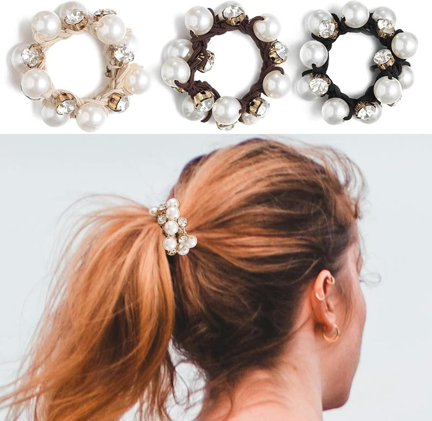 Hzqzaoan Pearl Hair Ties Black Ponytail Holders Elastic Crystal - Hair Tie Hair Accessories for Women, Black Ponytail Scrunchies Holders for Girls Pearl Accessories (Pack of 3) image number 3