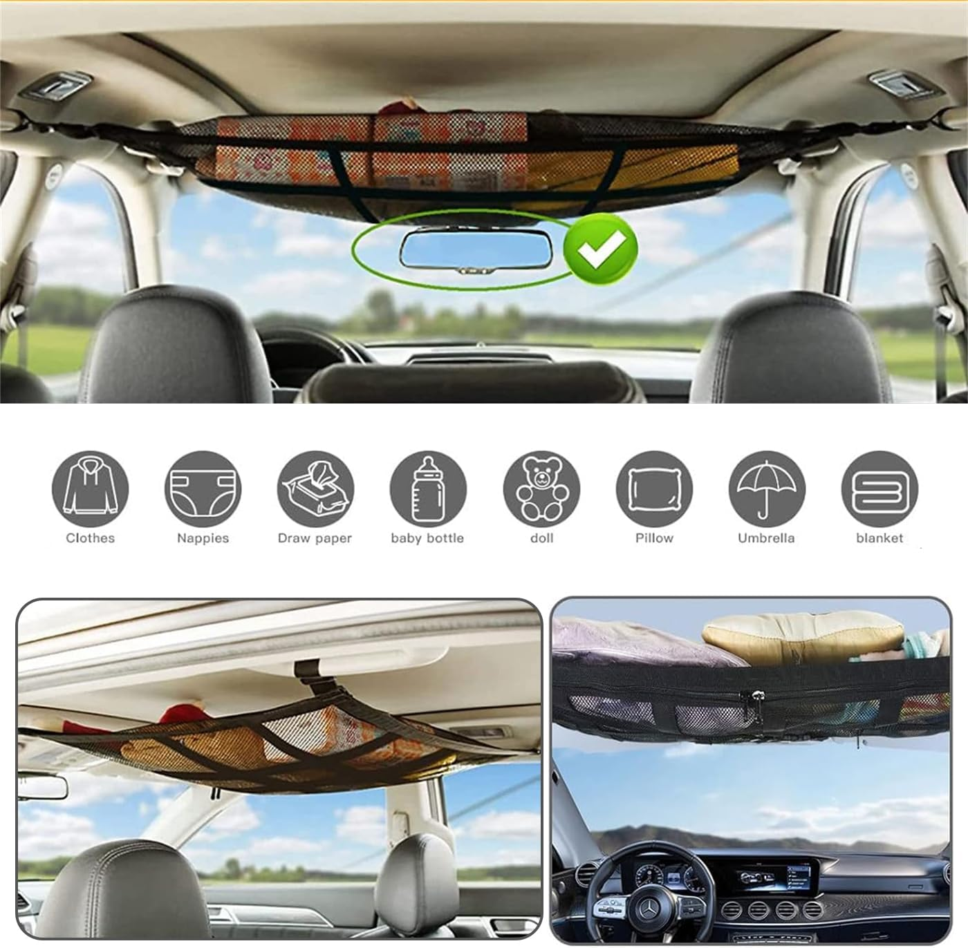 Travel Cargo Net SUV Ceiling Cargo Net Pocket，80 X 55 Cm Adjustable Double Large Car Ceiling Storage Net, Mesh Car Roof Organizer Long Trip Storage Bag for SUV Long Trip Camping (Black) image number 3