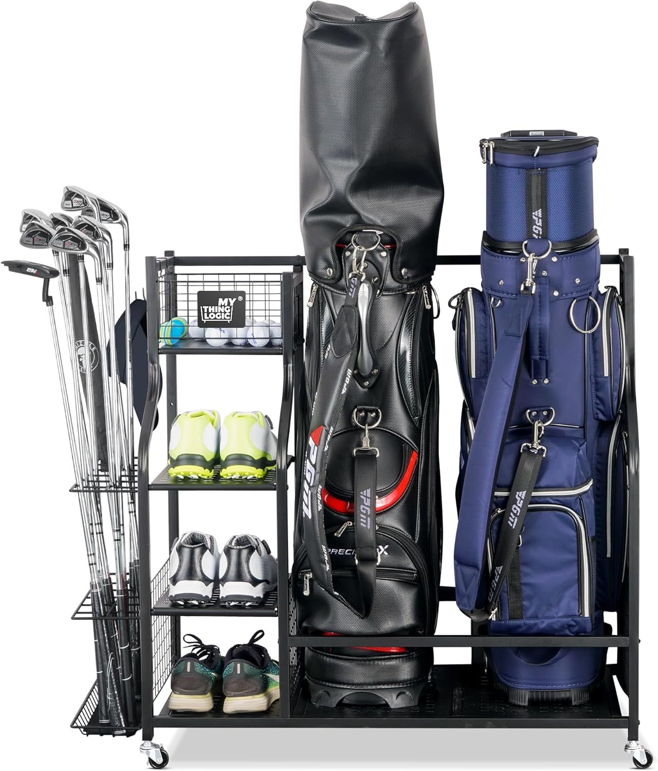 Mythinglogic Golf Storage Garage Organizer,Golf Bag Storage Stand and Other Golfing Equipment Rack & 4 Removable Hooks, Extra Large Design for Golf Clubs Accessories image number 6