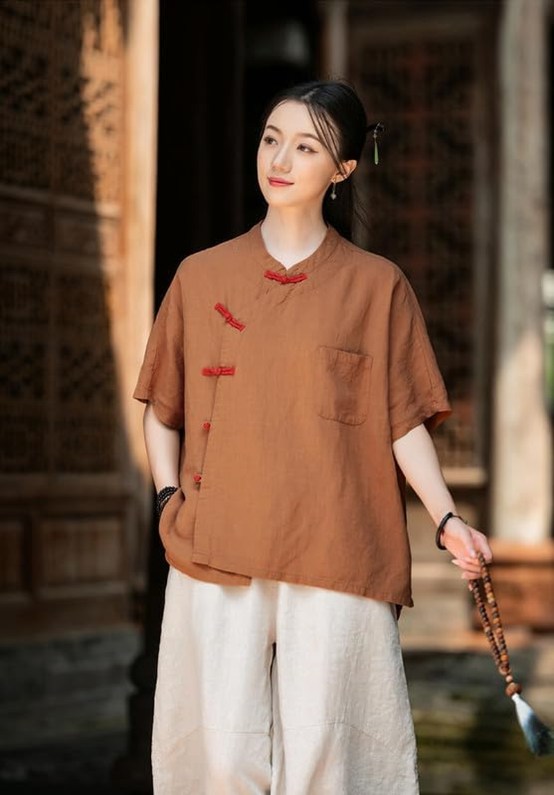 Linen Blouse Women'S Chinese Style Shirt Vintage Boho Zen Tops - Purple image number 5