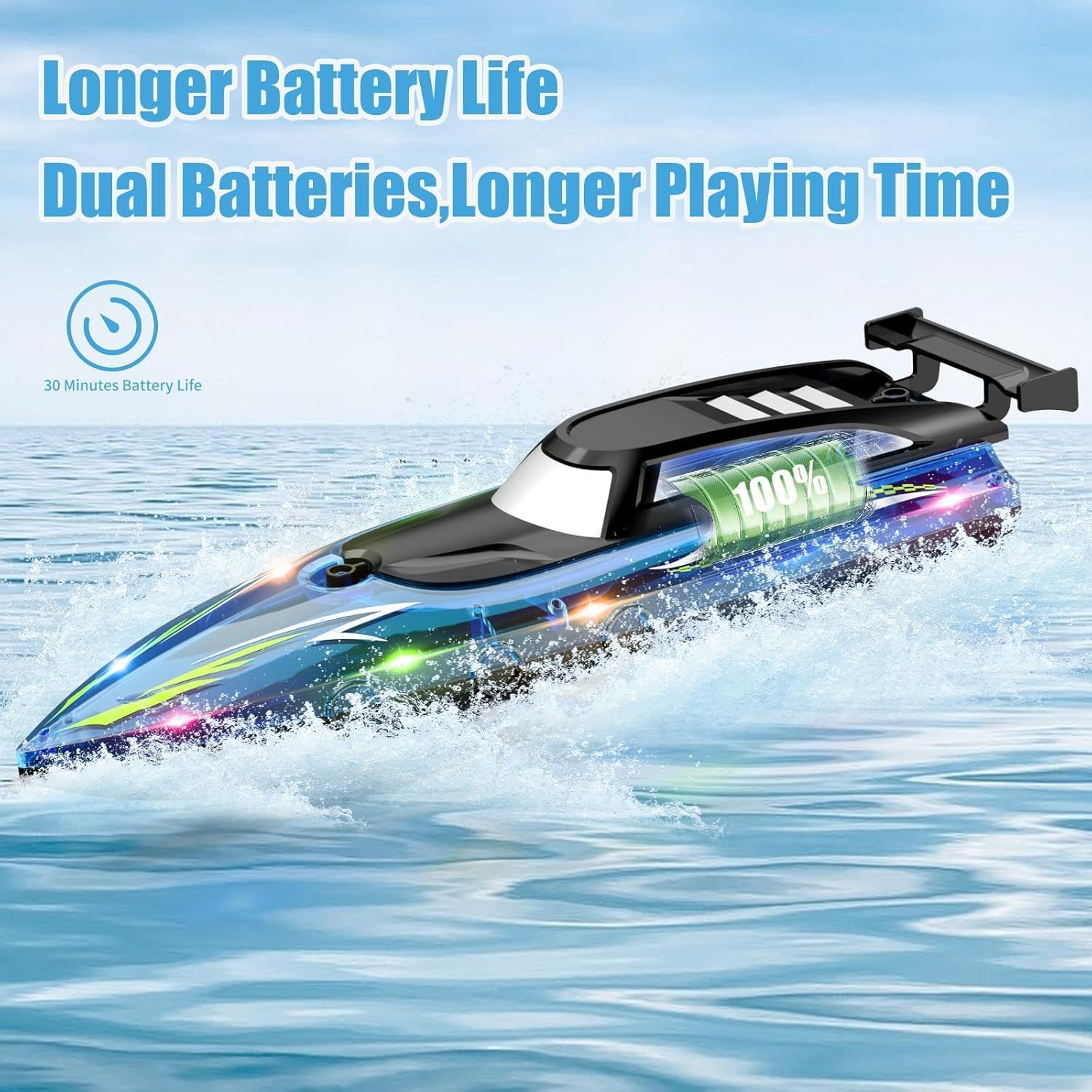 B-Qtech Remote Control Speedboat RC Boat, High Speed ​​RC Waterproof Boat with LED Light, 2.4Ghz Racing Boats for Pools and Lakes with 2 Battery Games, Rowing Toy for Kids&Adults image number 6