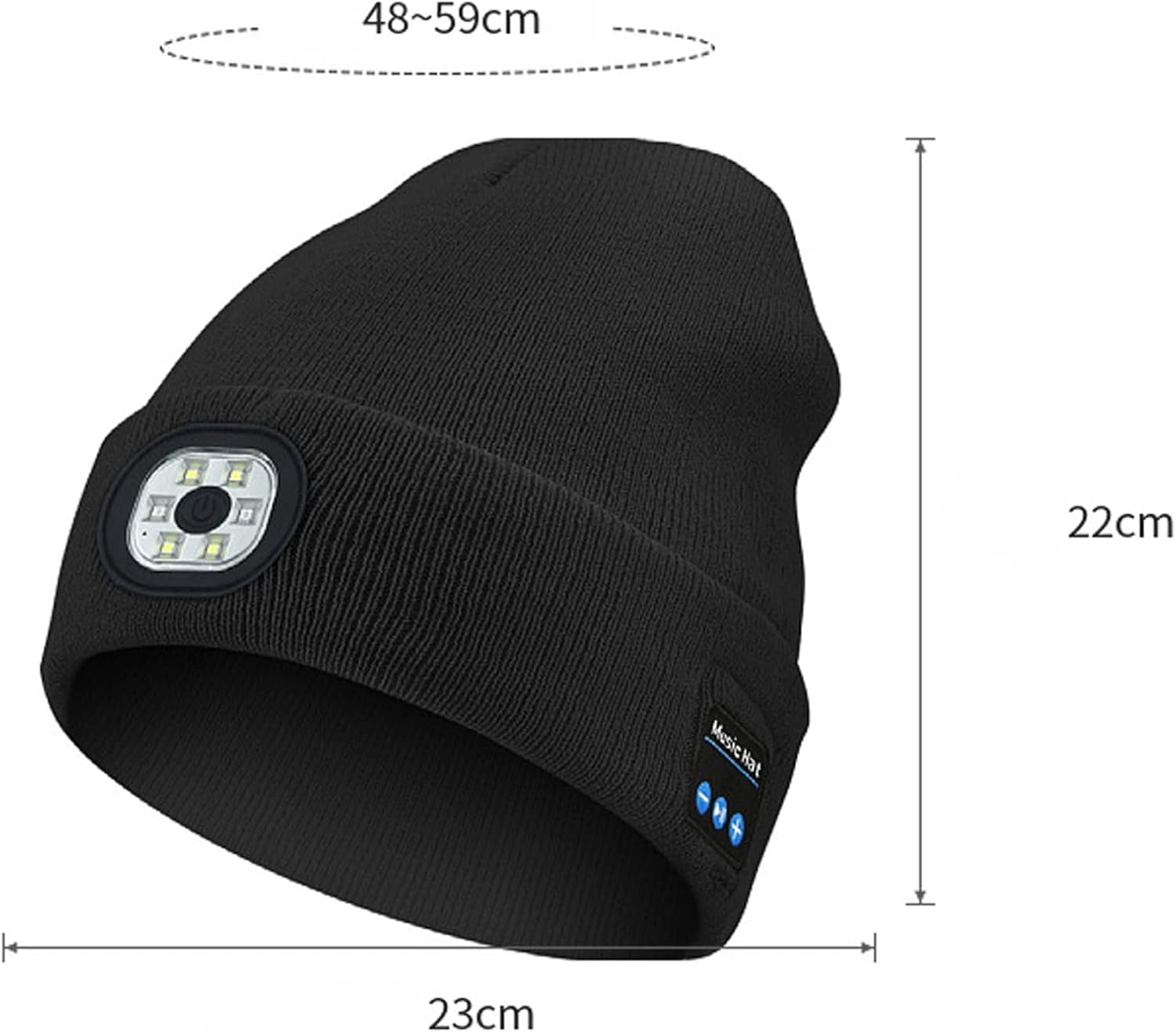 HEYITOP Bluetooth Beanie Hat with Lights,Unisex USB Rechargeable 6 LED Lights Hat,3 Modes (Low, High, Flash),Headlamp Cap with Wireless Headphones Gifts for Men Dad Teen Black image number 2