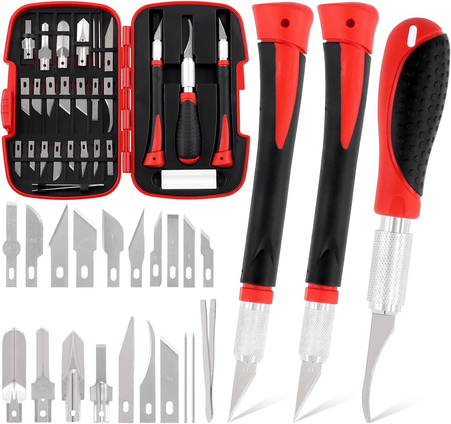 30Pcs Precision Craft Knife Hobby Knife Set with Art Knife Blades, Handles, Tweezers and Sharping Stone, Professional Art Exacto Knife for Plastic Wood Leather Art Carving Crafting image number 1