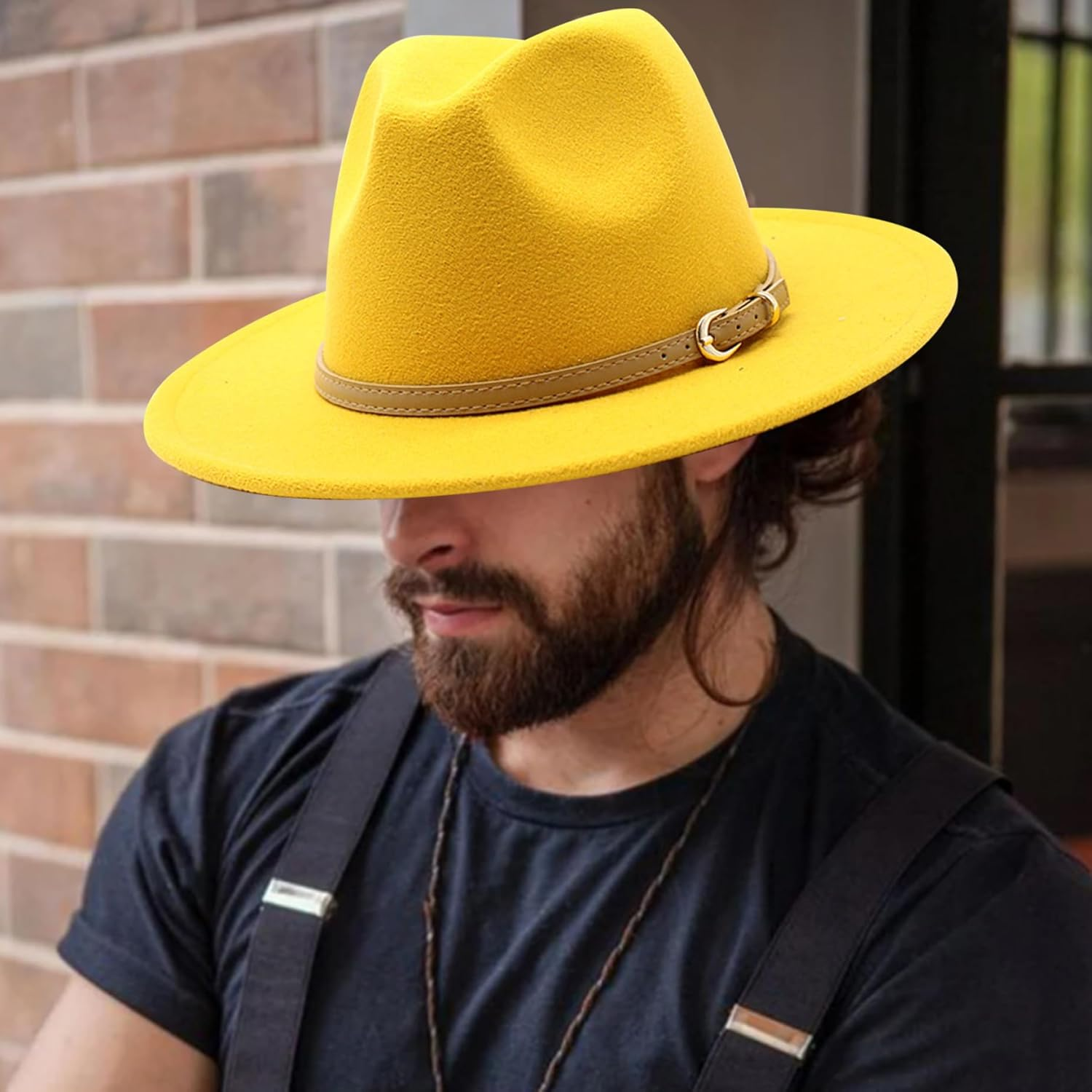 Muzrunq Felt Hats Felt Cowboy Hat with Leather Belt Wide Brim Western Hat Jazz Hats for Dress up Party Accessories Yellow Felt Hats for Women, Felt Cowboy Hat- image number 4