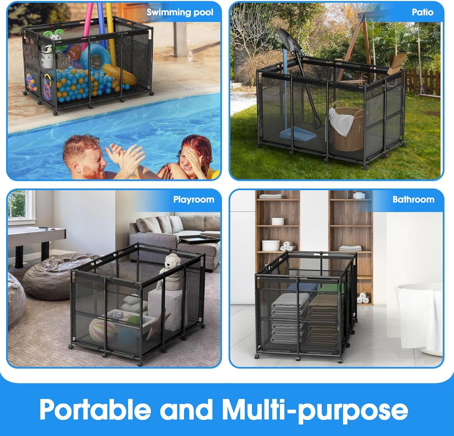 GENKI Pool Storage Bin Cart Poolside Toys Box Floats Noodles Container Organizer Outdoor Portable Rolling Wheels Mesh Basket Swimming Equipment Balls Holder