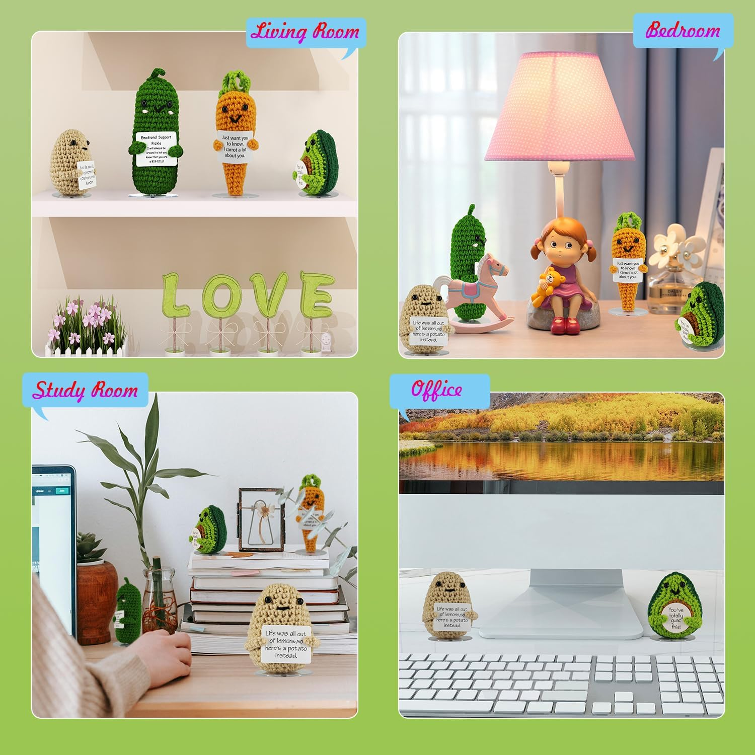SZMDLX Positive Crochet Potato Cucumber Avocado Carrot, 4PCS Emotional Inspirational Support Cute Stuff, Home Desk Decoration, Funny Handmade Crochet with Positive Card, Encouragement Friends image number 3