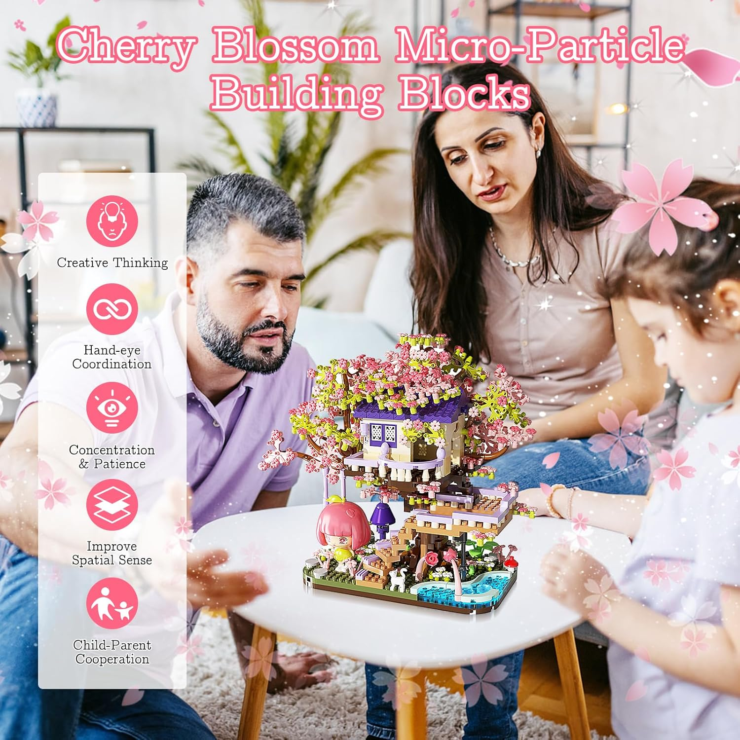 TMA Cherry Blossom Tree Building Set, Flowers House Mini Micro Blocks Toys, STEM Creative Cherry Blossom Bonsai Tree House Building Flowers Set for Aged 8+ Kids, 1275PCS image number 5