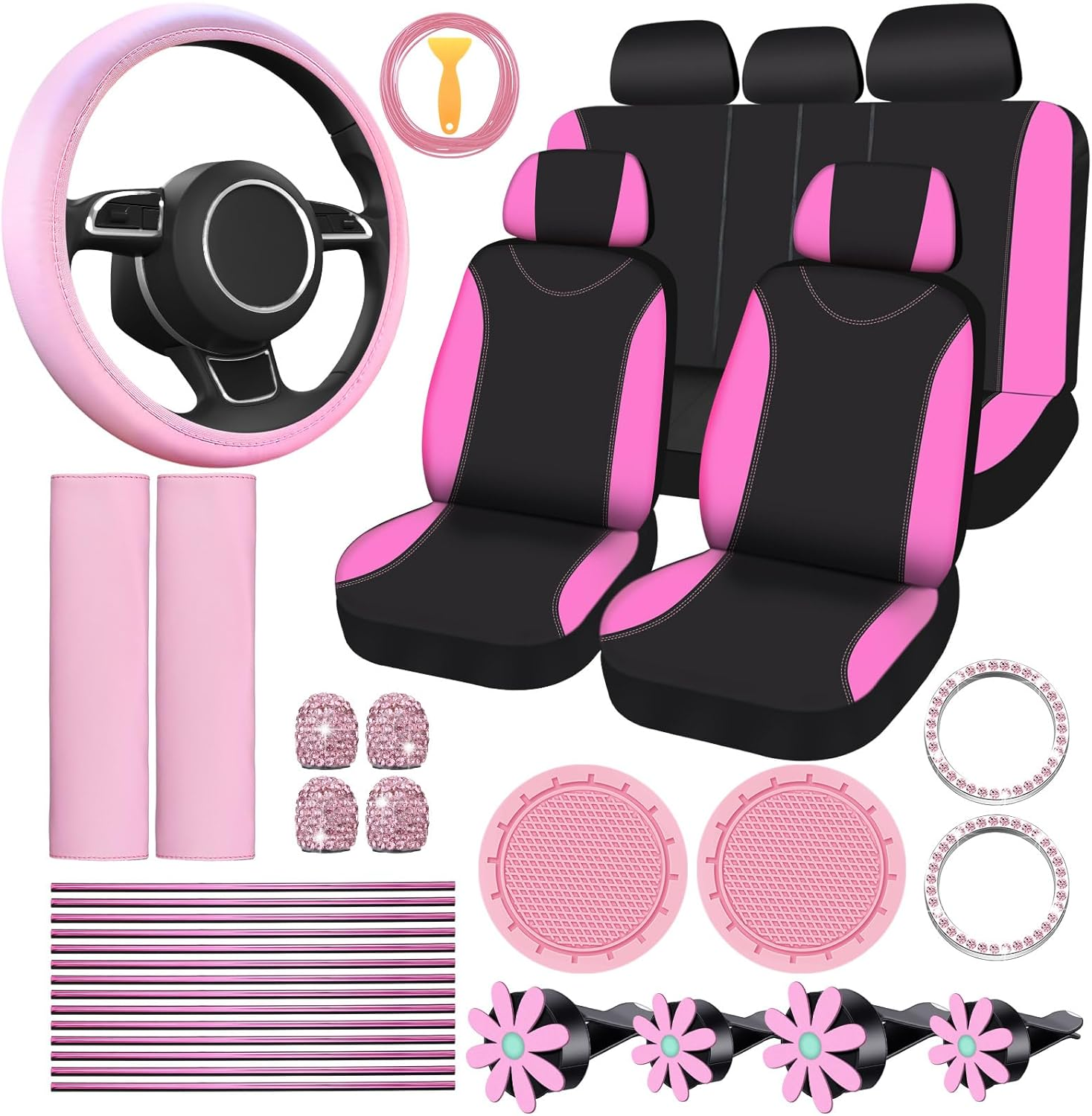 Estune 46 Pcs Car Seat Cover Full Set for Women Pink Wheel Cover Seat Belt Shoulder Pads Cup Holders Bling Start Button Ring Sticker Air Vent Clip Car Vent Outlet Trim with Scraper, Pink image number 4