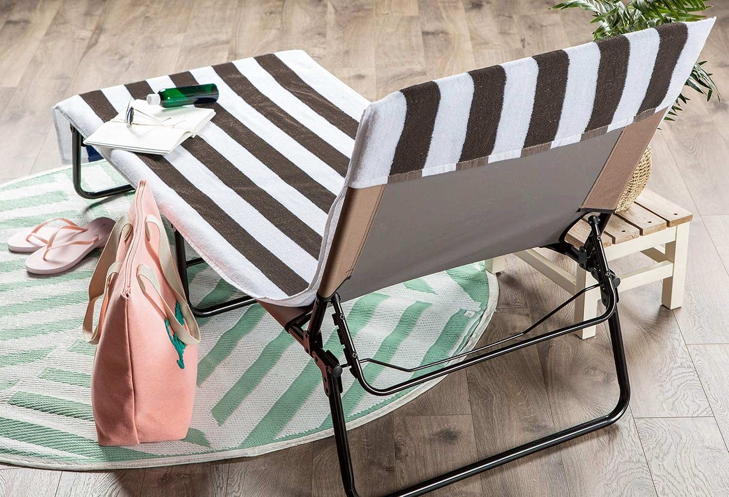 J & M Home Fashions Stripe Beach Lounge Chair Towel with Fitted Top Pocket, 26X82, Stone - Hunter Green image number 2