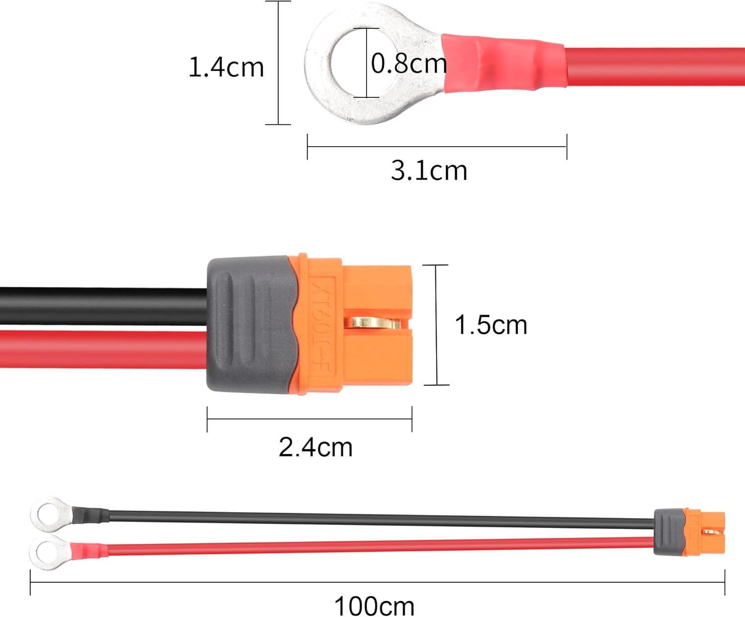 RIIEYOCA XT60I to O Ring Terminal Cable,Xt60I Female to O Ring Connector Cable,With 1M 12AWG Silicon Wire,For RC Lipo Battery FPV Racing Drone(1M/3.3Ft) image number 1