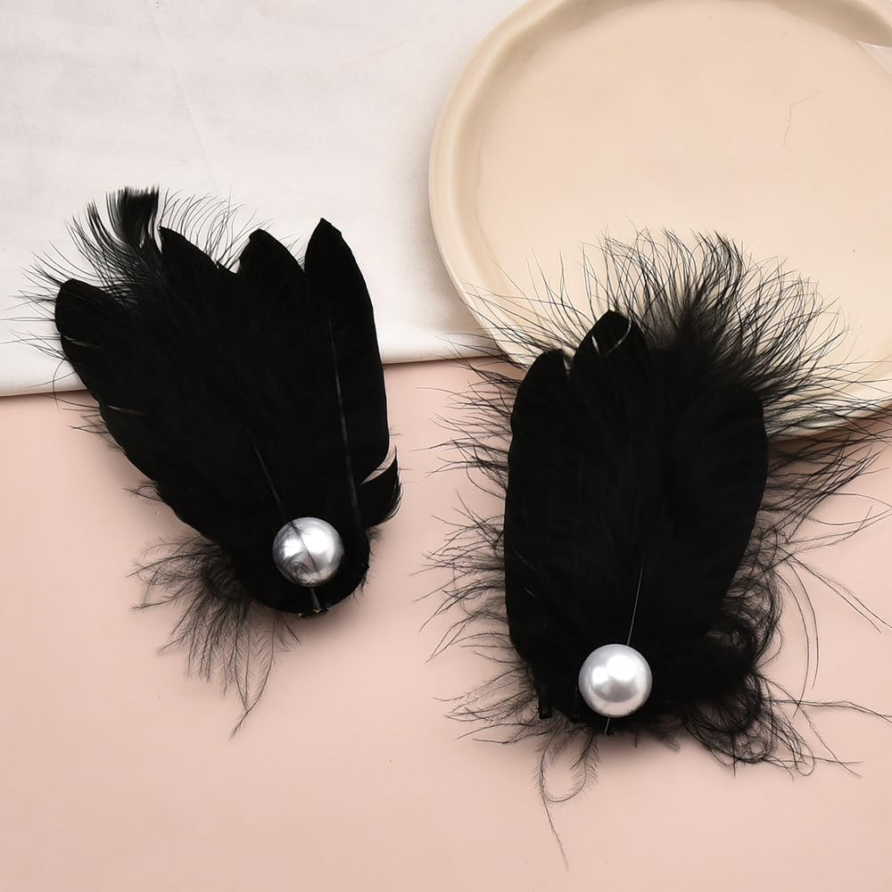 Halloween Party Hair Clips for Women Prom Feather Hair Clip Accessories for Girls Side Pearl Hair Barrette Elegant Sexy Hair Decorations Black Performance Cosplay Hair Clip Women Halloween Hair Outfit image number 4