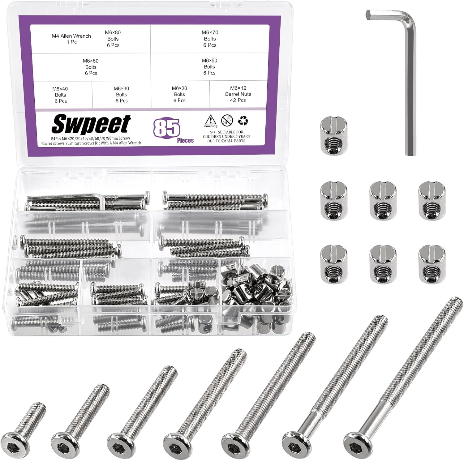 Swpeet 85Pcs M6 20/30/40/50/60/70/80Mm Nickel Plated Screws Kit, Hex Socket Head Cap Crib Baby Bed Bolt and Barrel Nuts with 1Pc Allen Wrench Perfect for Furniture, Cots, Hardware Crib Screws image number 3