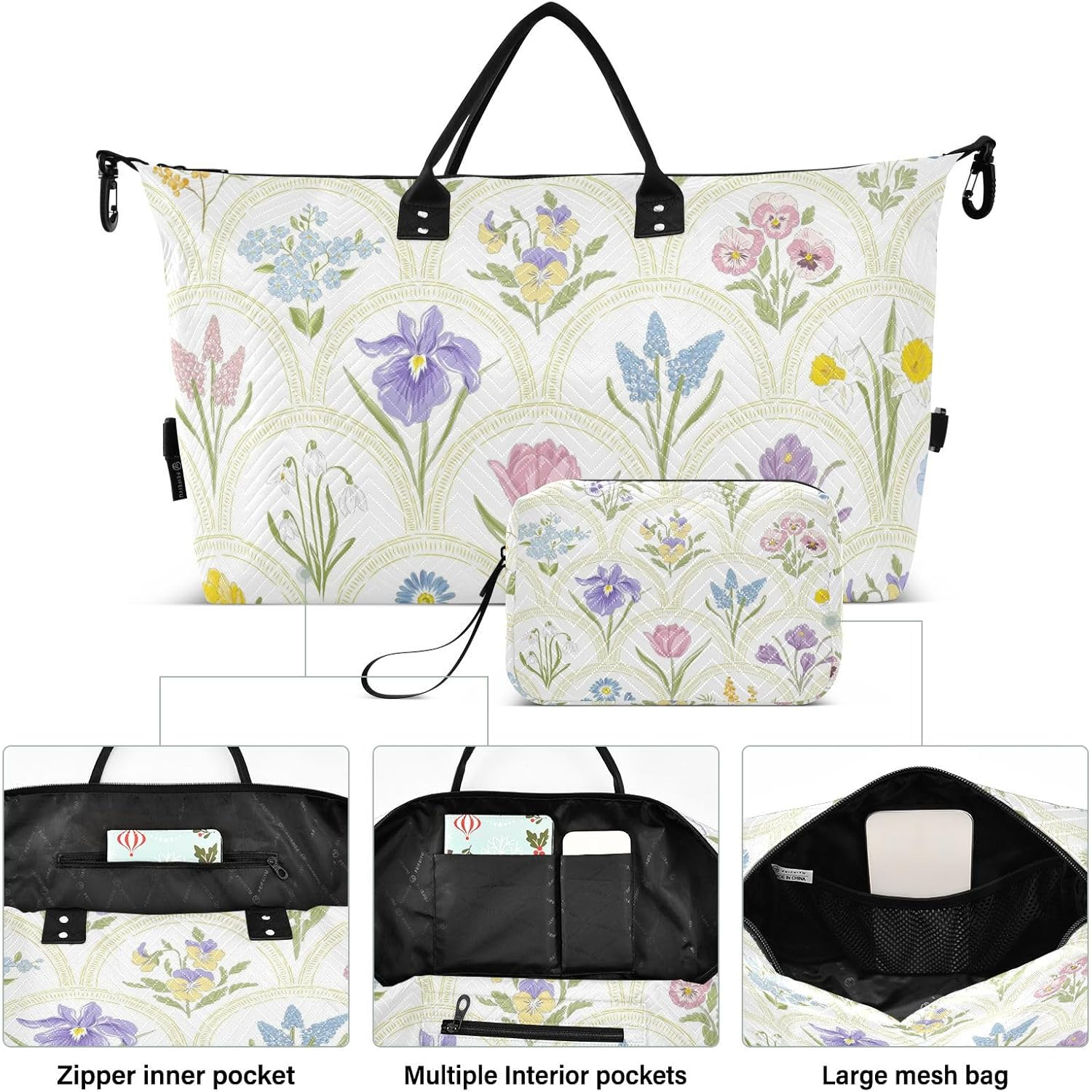Travel Bag Overnight Carry on Tote and Luggage Spring Garden Flowers Rainbow Tote Bag with Adjustable Strap For, Spring Garden Variety Flowers Rainbow Medallion, Set of 2, Art Deco image number 5