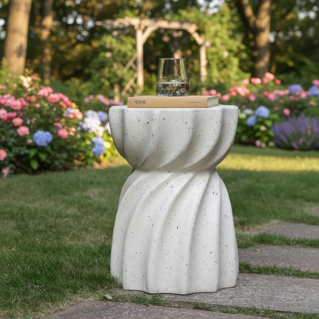 BRMM MIA Modern Decorative Garden Side Table Heavy Duty Patio Sturdy Faux Terrazzo Garden Side Table Planter Stand for Indoor Covered Outdoor, 17.75" H, White (Style 2) image number 5