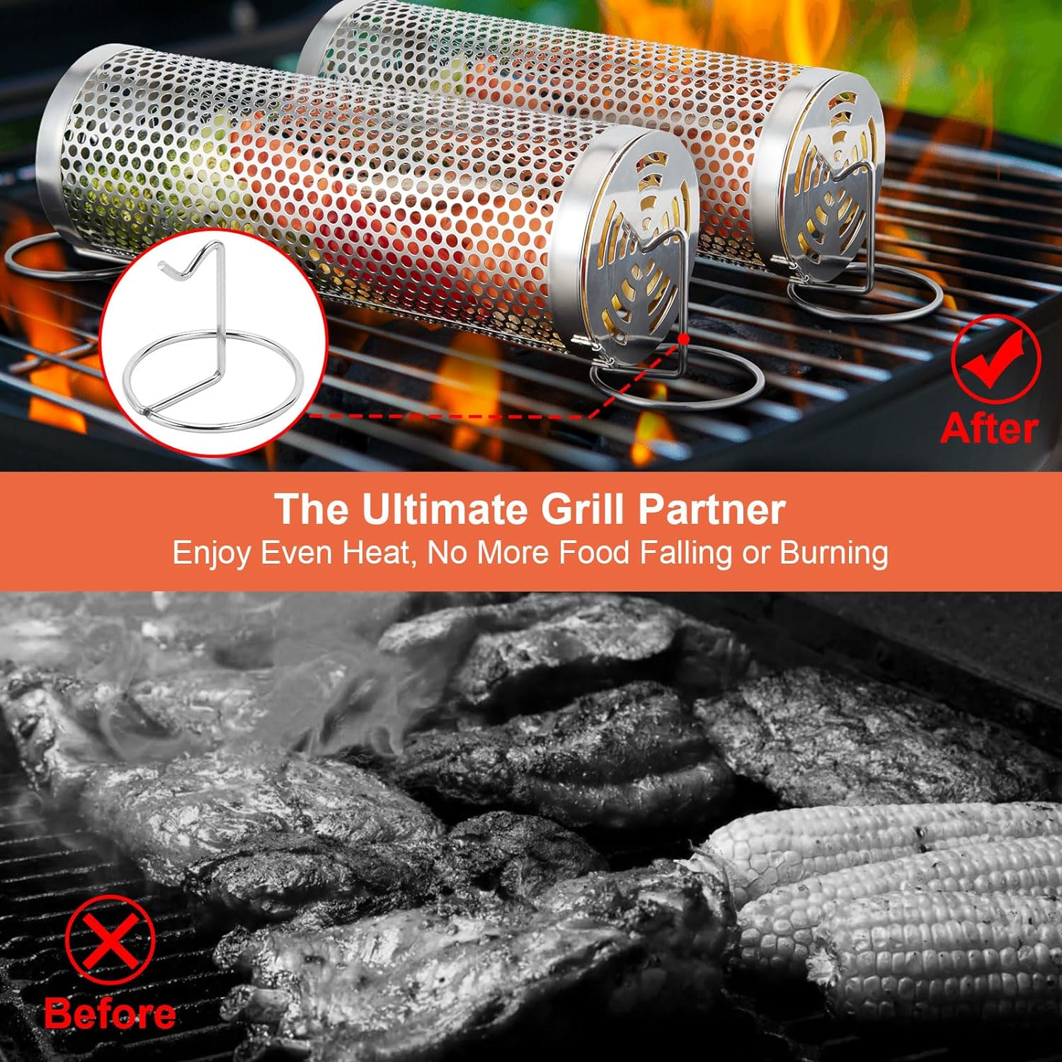 IMAGE Grill Basket, round Hole Rolling Grilling Baskets for Outdoor Grill Portable Grill Nets Cylinder with Reinforced Locking Clasp, 2-Pack 12 in Stainless Steel Grill Mesh Barbeque Grill Accessories image number 5