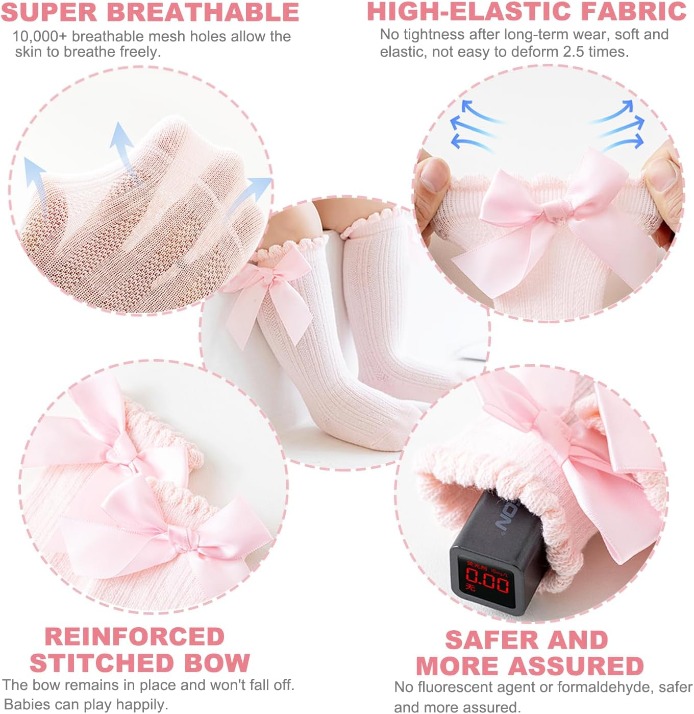 Baby Girls Knee High Socks 5 Pairs, Non-Slip Infant Toddler Bow Stockings Breathable Knit Bowknot Ruffle Knee High Socks Cotton Newborn Infant Long Stocking Socks Tube Ruffled Dress Socks