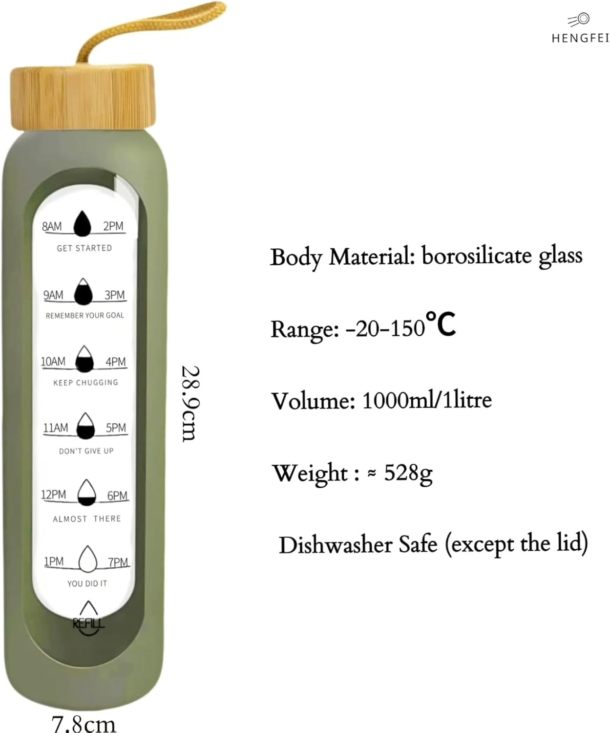 1Litre Glass Drink Bottle with Silicone Sleeve, Borosilicate Glass Water Bottle with Time Markings and Bamboo Lid, Wide Mouth (Army Green Silicone Sleeve, 1000Ml) - Black Silicone Sleeve image number 4