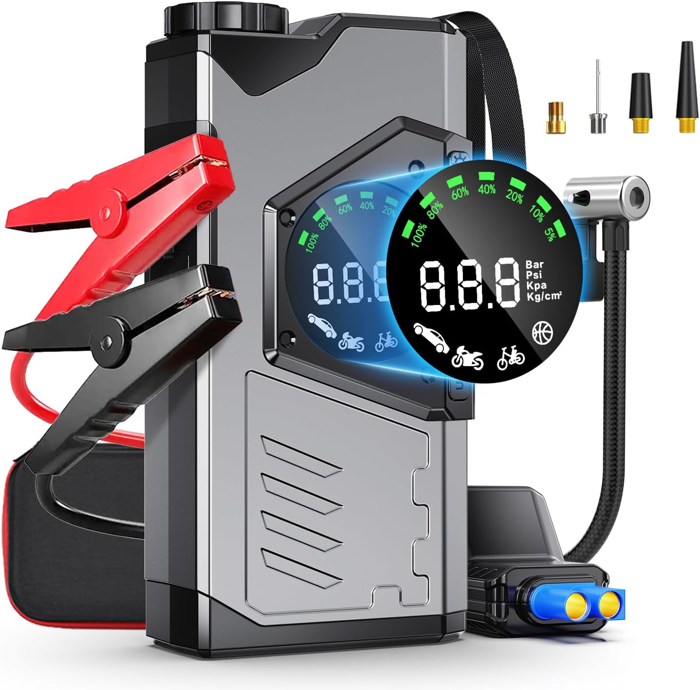 Portable Car Jump Starter with Air Compressor, 3000A Portable Jump Starter Pack with 150PSI Tire Inflator, 12Volt Jump Start Battery Pack with LCD Display/Flashlight (Up All Gas/8.5L Diesel) image number 4