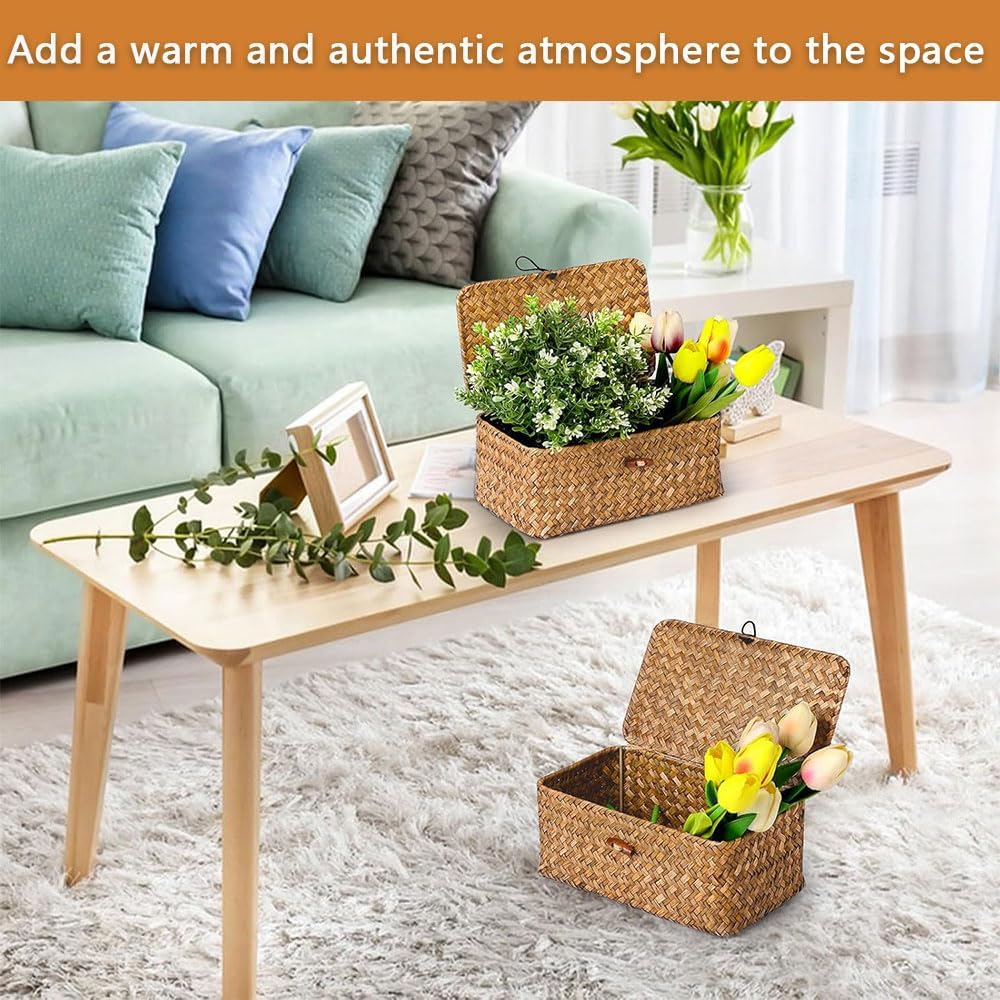 Set of 3 Woven Seagrass Storage Baskets with Lids &ndash; Decorative Rectangular Bins for Shelf, Closet, Pantry & Home Organization &ndash; Natural Wicker Boho Style Organizer image number 1