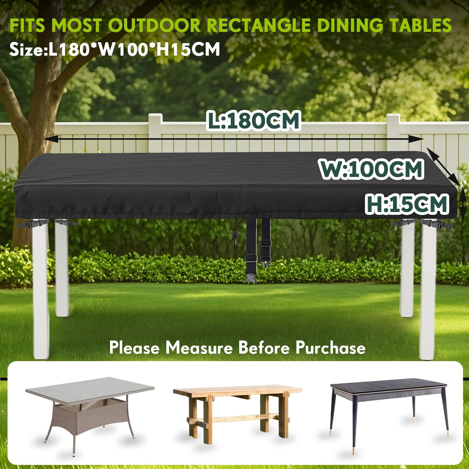 Outdoor Furniture Cover Rectangular 180X100X15Cm Waterproof 420D Oxford &ndash; Heavy Duty Patio Furniture Cover with Buckles, Drawstring & Centre Strap, UV Resistant Outdoor Dining Table & Lounge Cover