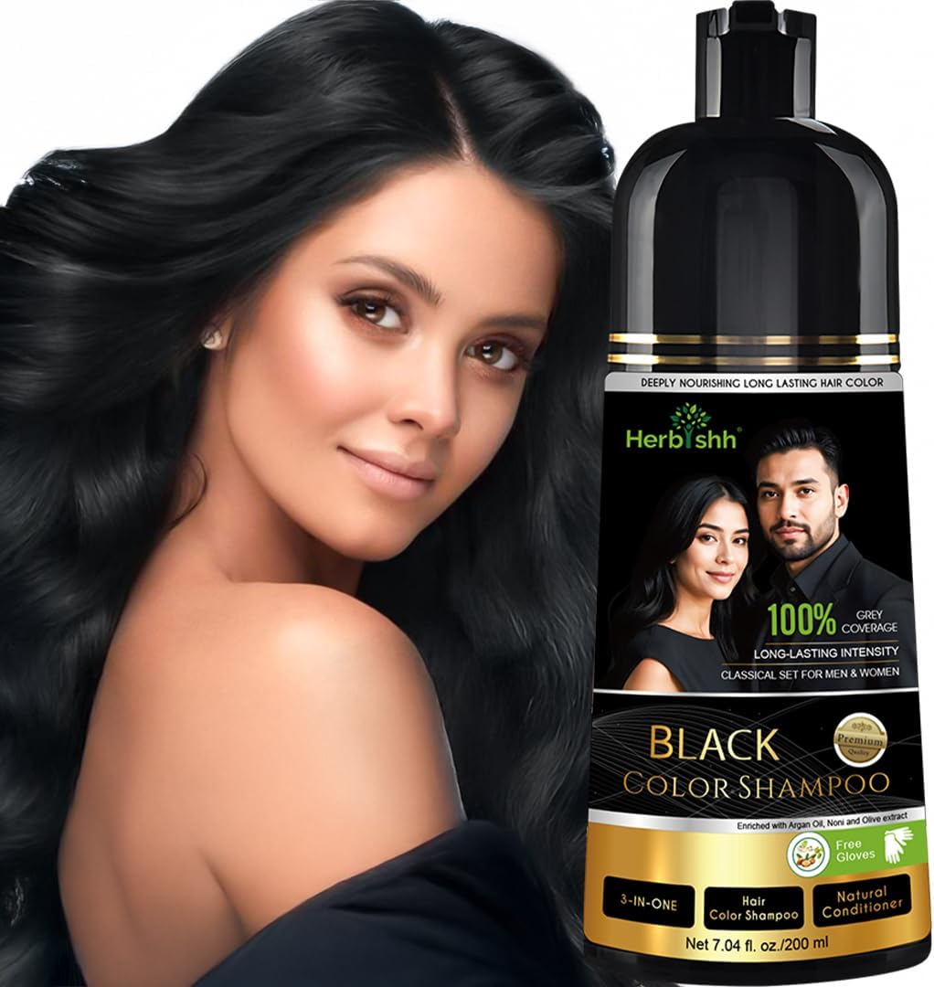 Herbishh Black Shampoo, Hair Dye Shampoo 3 in 1, 100% Grey Coverage, Demi-Permanent Hair Color for Men & Women, Long-Lasting Color in 5-15 Mins, Ammonia-Free, 200 Ml