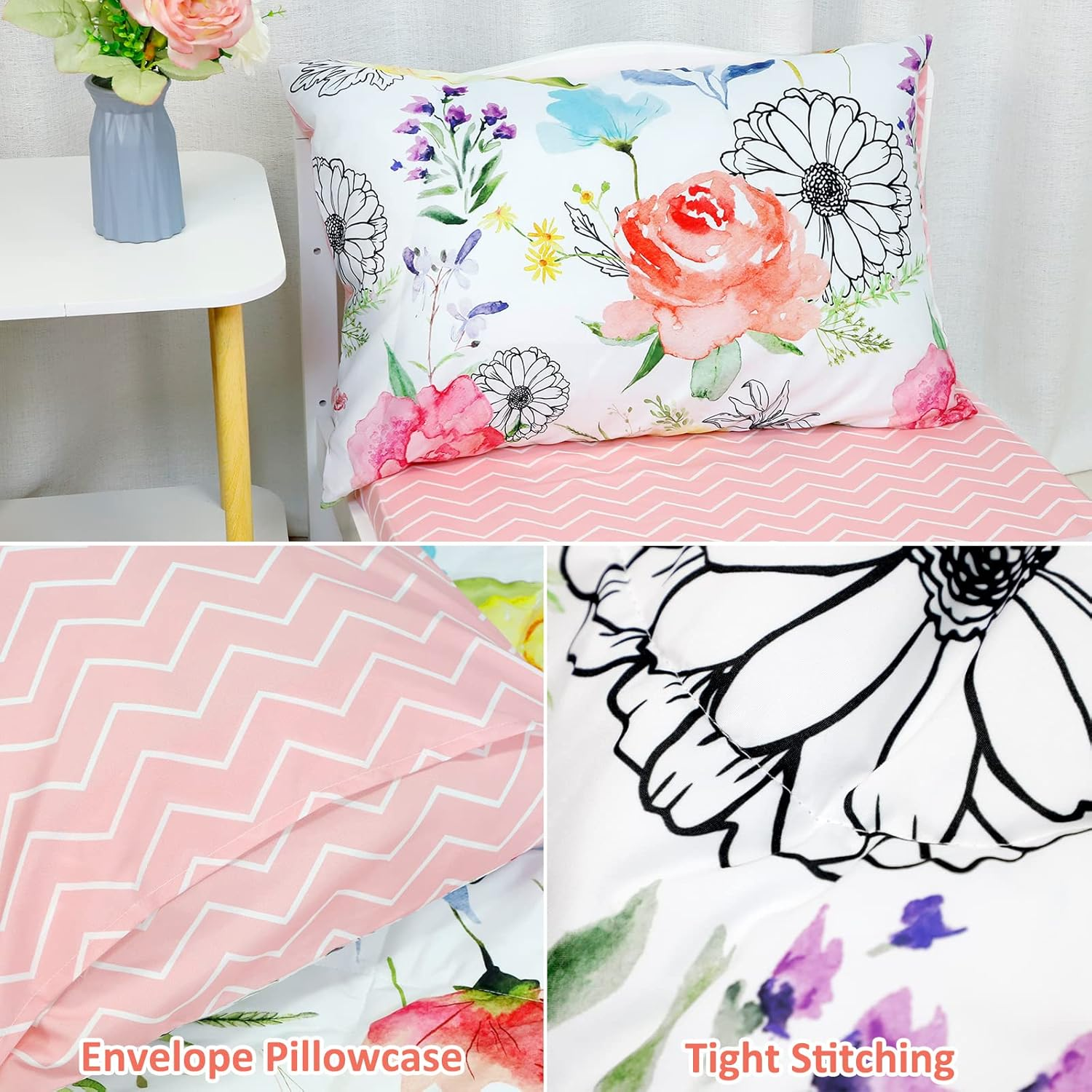 Toddler Bedding Sets for Girls, 4 Piece Soft Crib Bedding Set, Flower Toddler Girl Bed Comforter Set, Includes Watercolor Floral Series Comforter, Fitted Sheet, Flat Sheet and Pillowcase image number 4