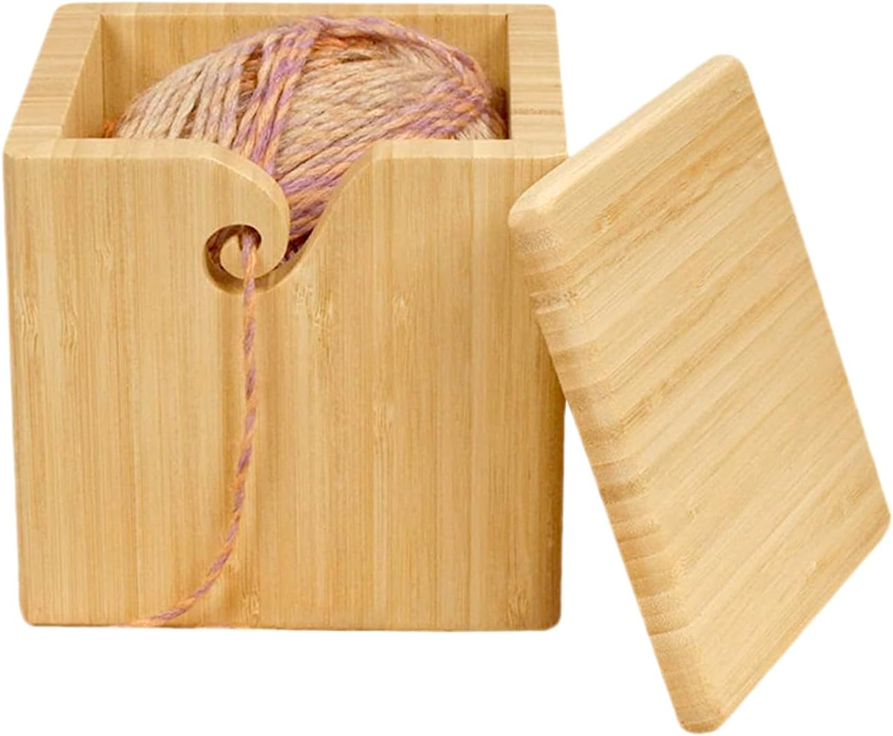 Joyeee Extra Large Bamboo Yarn Bowl with Lid, XL Knitting Box Case for Storage Big Wool Ball, DIY Wool Braid Craft, Handmade Square Cube Crochet Bowl for Wife, Mum, Grandmother 7.7 X 7.7 X7 Inch image number 3