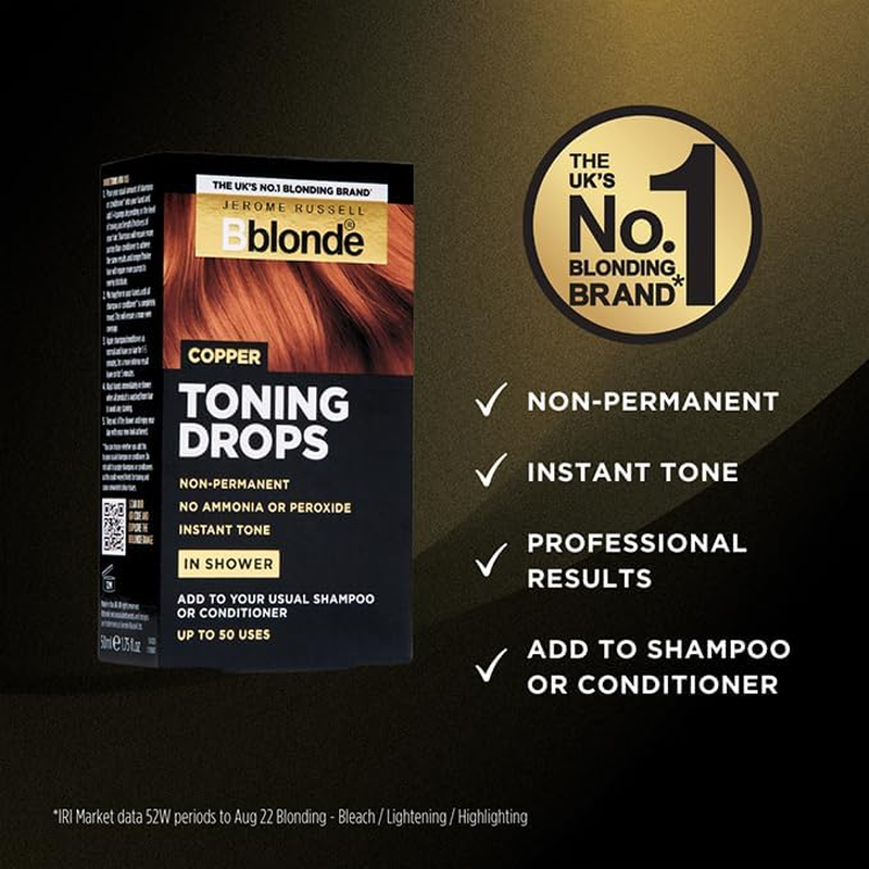 Jerome Russell Bblonde Copper Toning Drops - Non-Permanent Hair Toner, Refresh & Maintain Copper Hair Dye, Add in Shower with Shampoo or Conditioner, 50 Uses