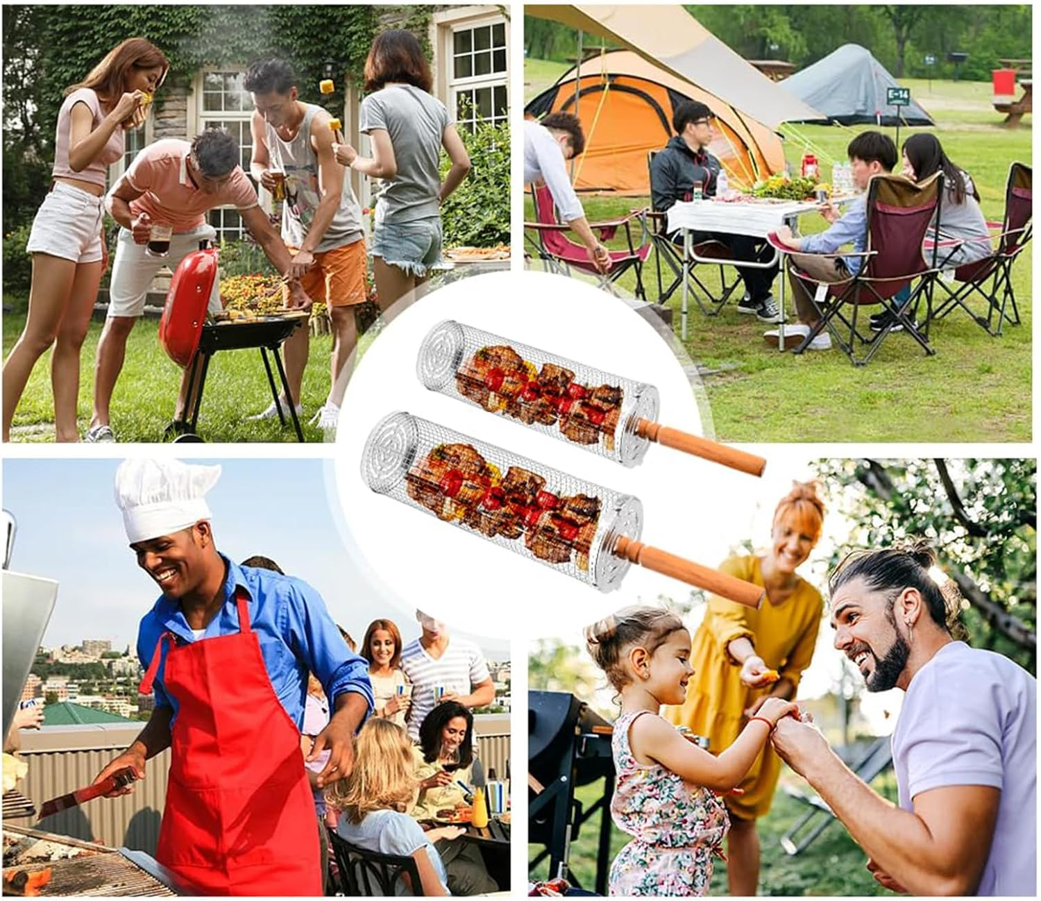 Grill Baskets for Outdoor Grill, Rolling Grill Basket with Removable Wooden Handle, Stainless Steel Grilling Accessories for Fish, Shrimp, Meat, Vegetables, Fries，Bbq image number 4